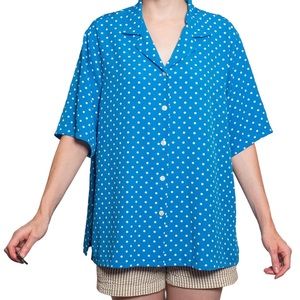 Vintage Blue and White Polka Dot Button Up Top by Bon Worth. Size Large.